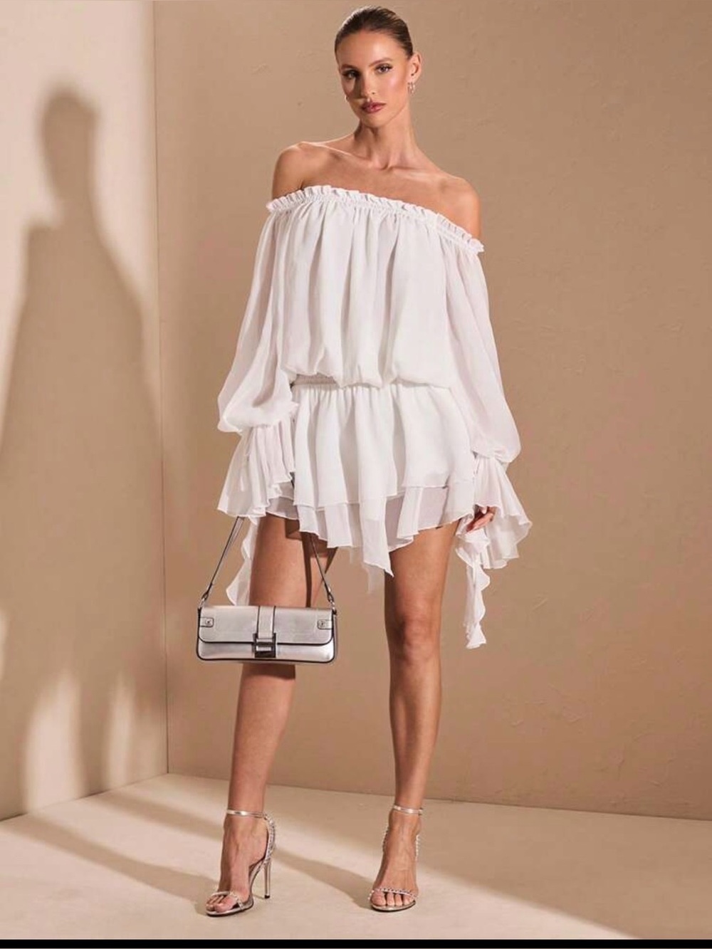 Off-Shoulder White Ruffled Mini Dress